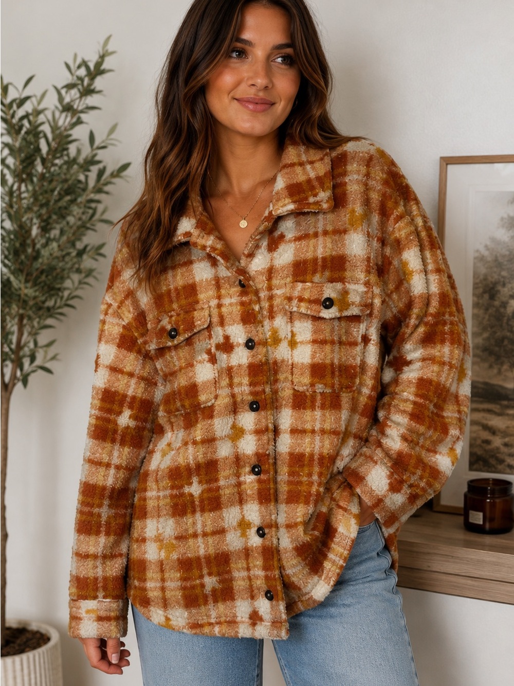 Disney Micky Mouse Plaid Teddy Jacket/Shacket for Fall in Rust, Cream & Mustard